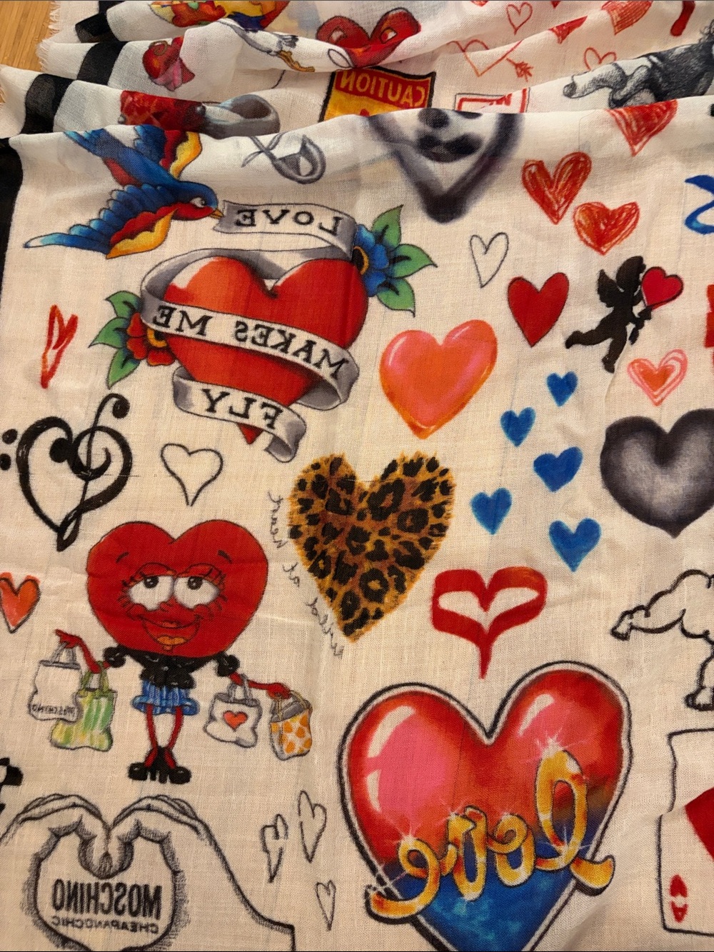 Moschino Red, Black, Blue and White Heart Collage  scarf 💯 Authentic - Picture 2 of 3